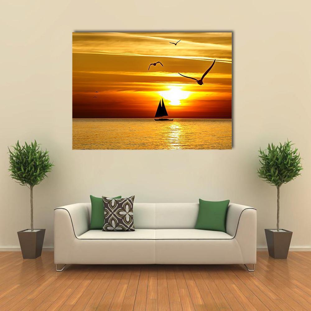 Sail Boat At Sea Sunset Canvas Wall Art-1 Piece-Gallery Wrap-48" x 32"-Tiaracle