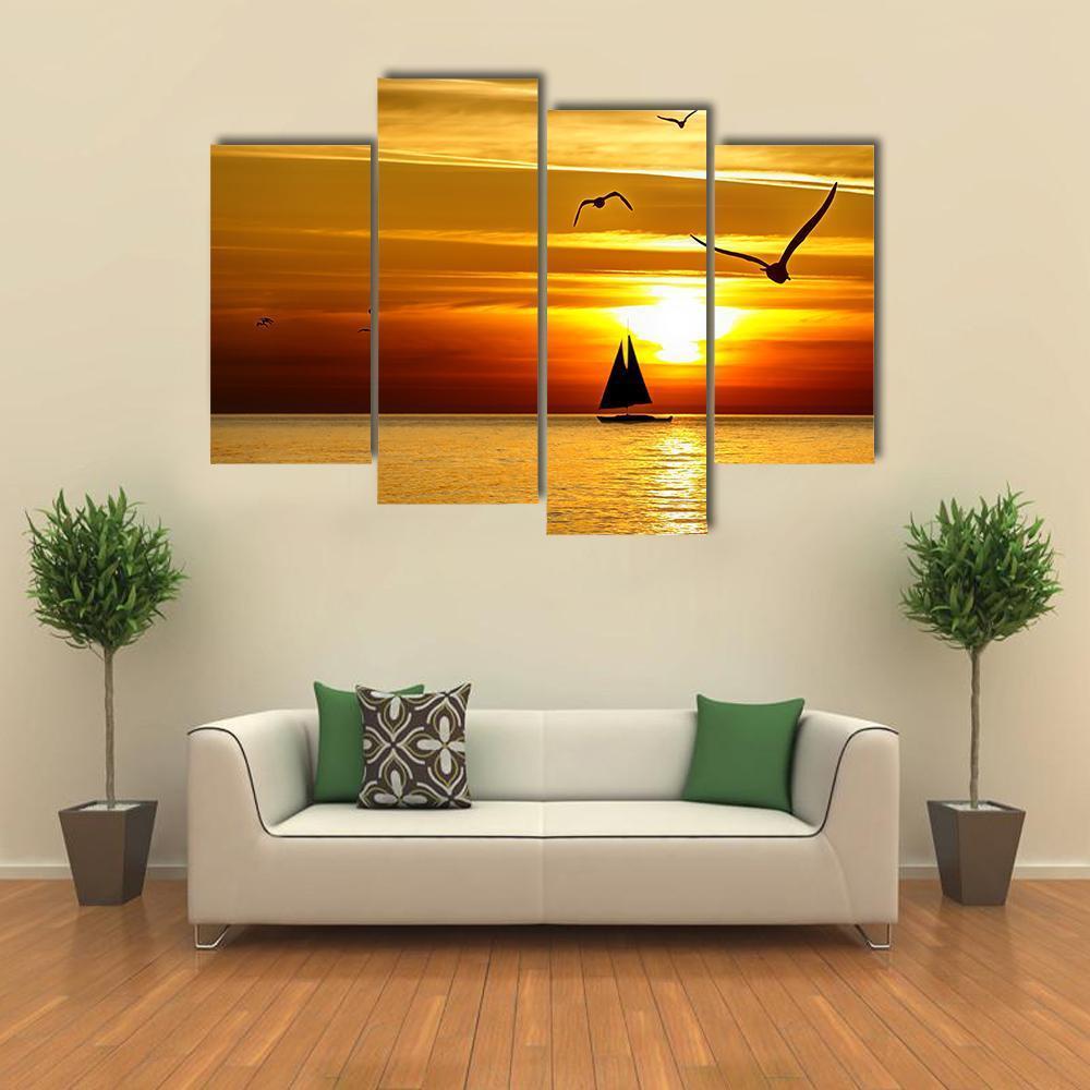 Sail Boat At Sea Sunset Canvas Wall Art-4 Pop-Gallery Wrap-50" x 32"-Tiaracle
