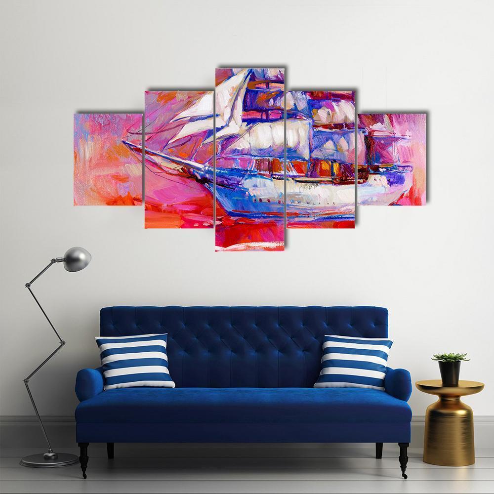 Sail Ship And Sea On Canvas Wall Art-5 Star-Gallery Wrap-62" x 32"-Tiaracle