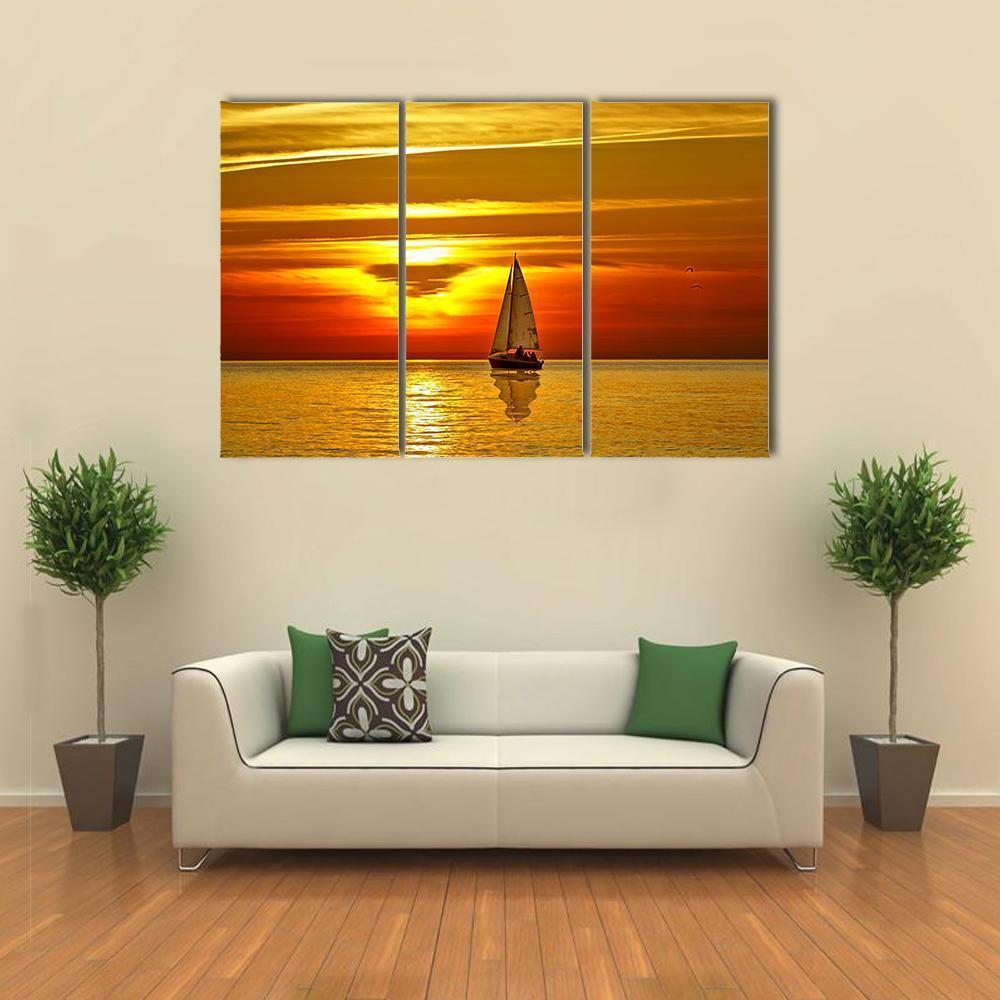 Sailboat At Sunset Canvas Wall Art-3 Horizontal-Gallery Wrap-37" x 24"-Tiaracle