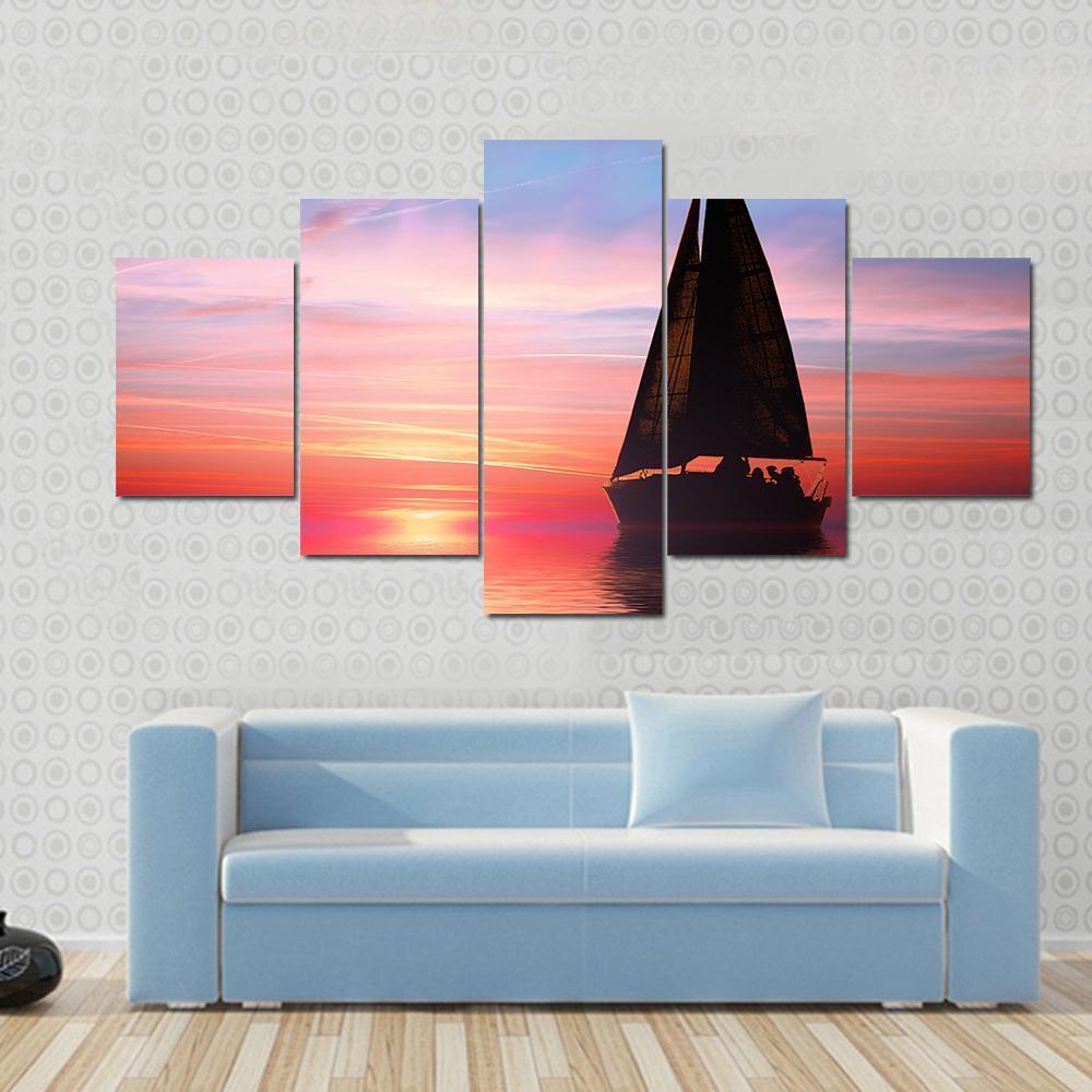 Sailing At Sunset On The Ocean Canvas Wall Art-5 Star-Gallery Wrap-62" x 32"-Tiaracle