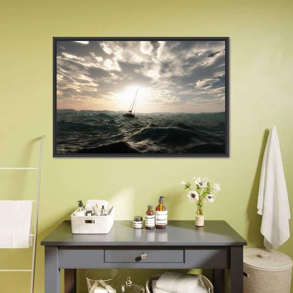 Sailing Boat In Storm Canvas Wall Art-1 Piece-Floating Frame-24" x 16"-Tiaracle