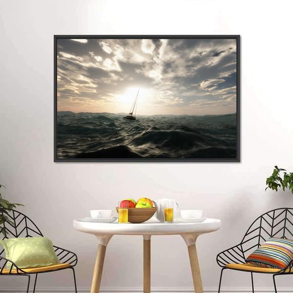 Sailing Boat In Storm Canvas Wall Art-3 Horizontal-Gallery Wrap-25" x 16"-Tiaracle