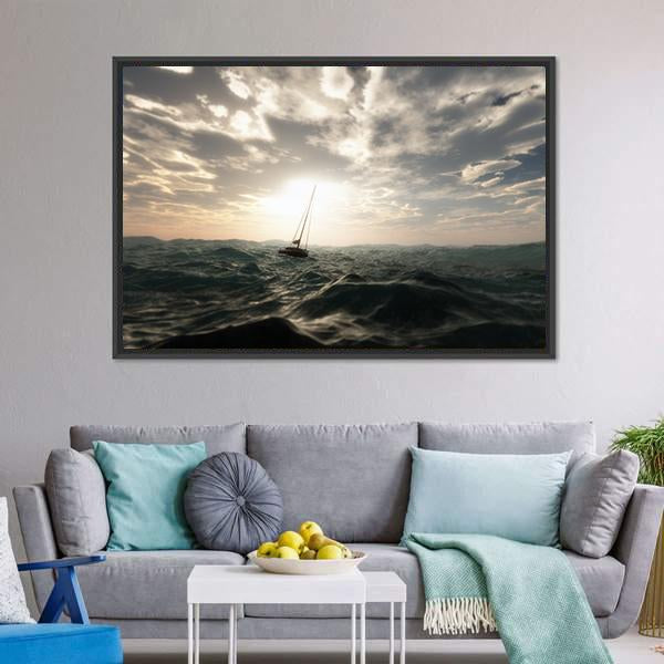 Sailing Boat In Storm Canvas Wall Art-3 Horizontal-Gallery Wrap-25" x 16"-Tiaracle