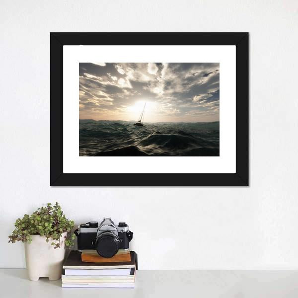 Sailing Boat In Storm Canvas Wall Art-1 Piece-Framed Print-20" x 16"-Tiaracle