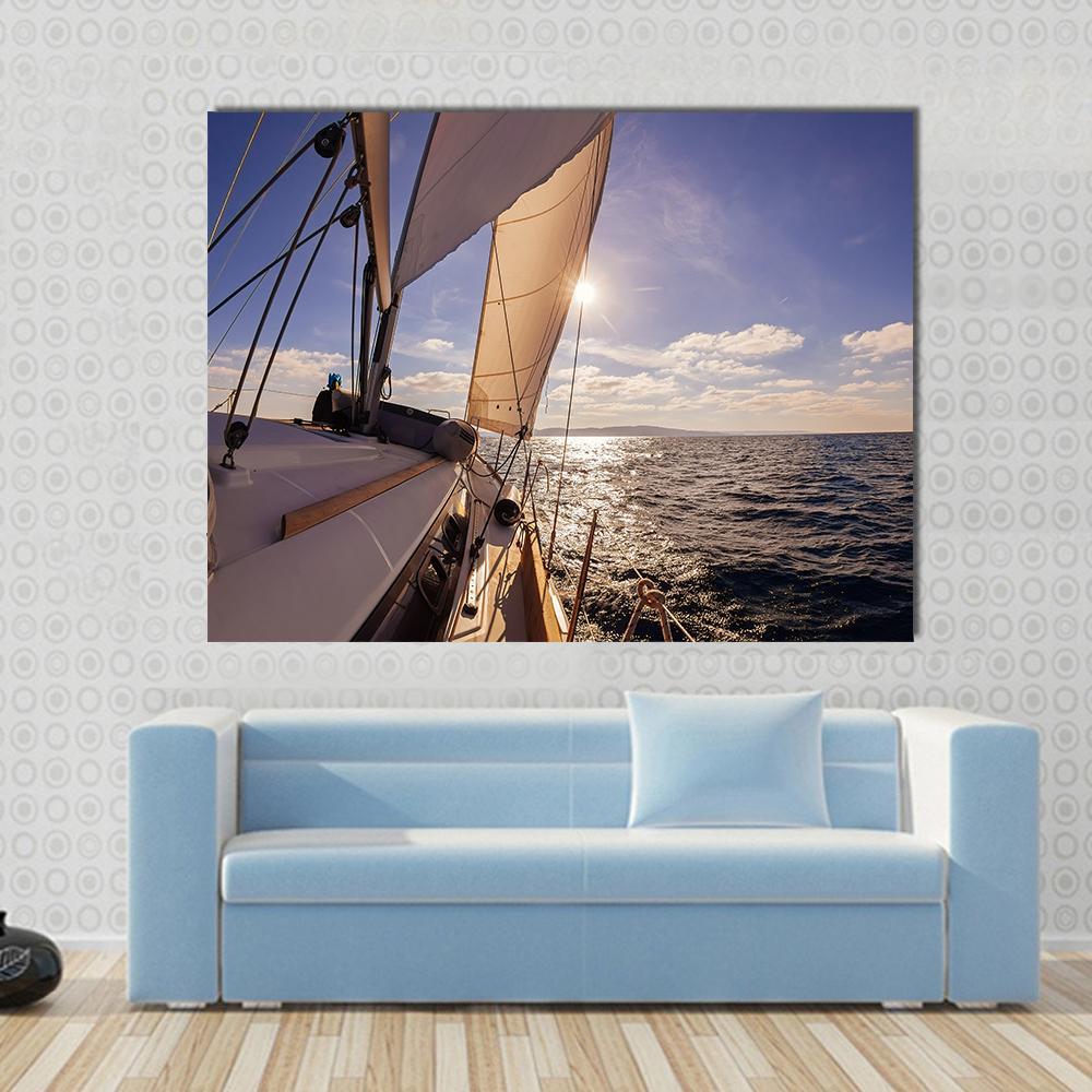 Sailing Boat Wide Angle View In The Sea Canvas Wall Art-1 Piece-Gallery Wrap-48" x 32"-Tiaracle