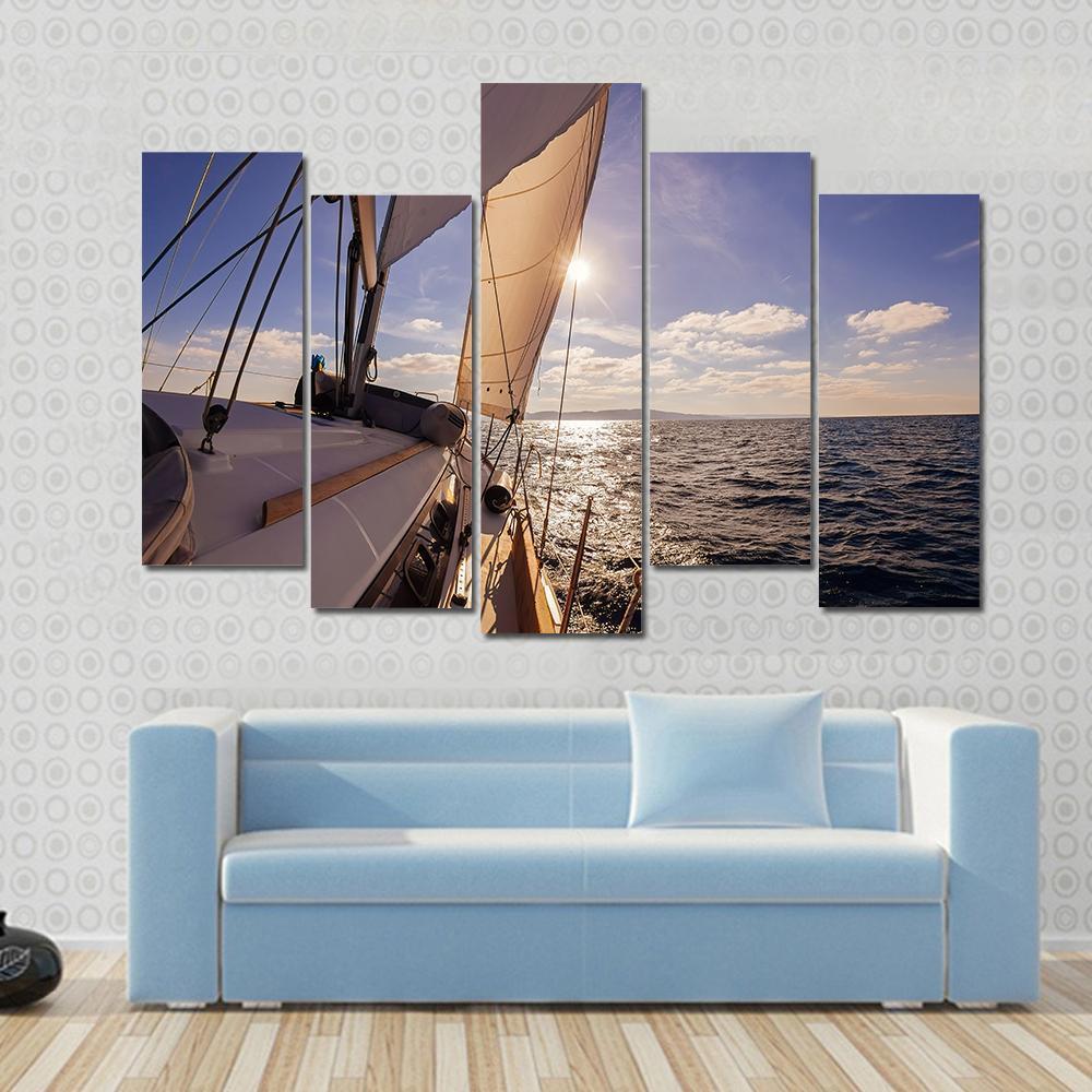 Sailing Boat Wide Angle View In The Sea Canvas Wall Art-5 Pop-Gallery Wrap-47" x 32"-Tiaracle