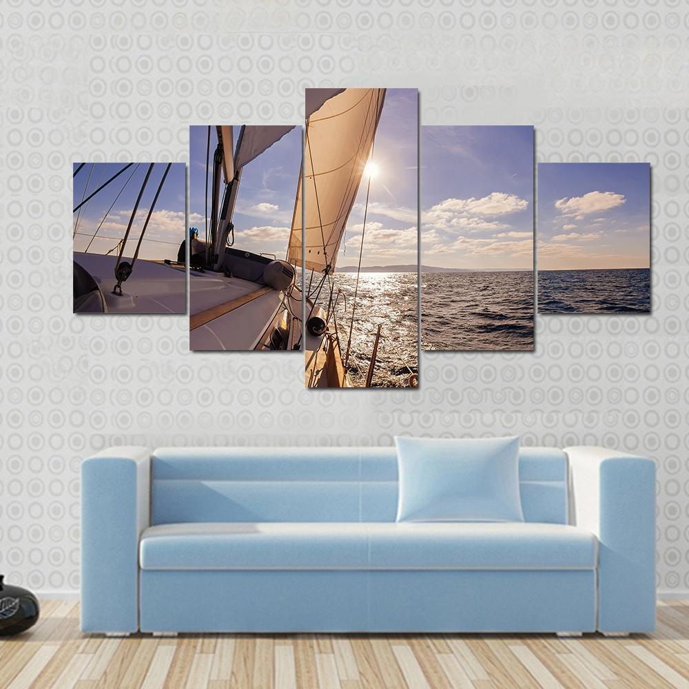 Sailing Boat Wide Angle View In The Sea Canvas Wall Art-5 Star-Gallery Wrap-62" x 32"-Tiaracle