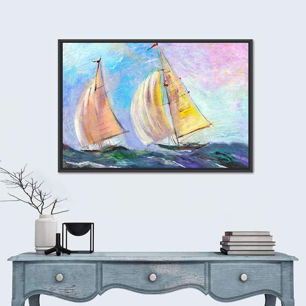Sailing boats In The Sea Canvas Wall Art-1 Piece-Floating Frame-24" x 16"-Tiaracle