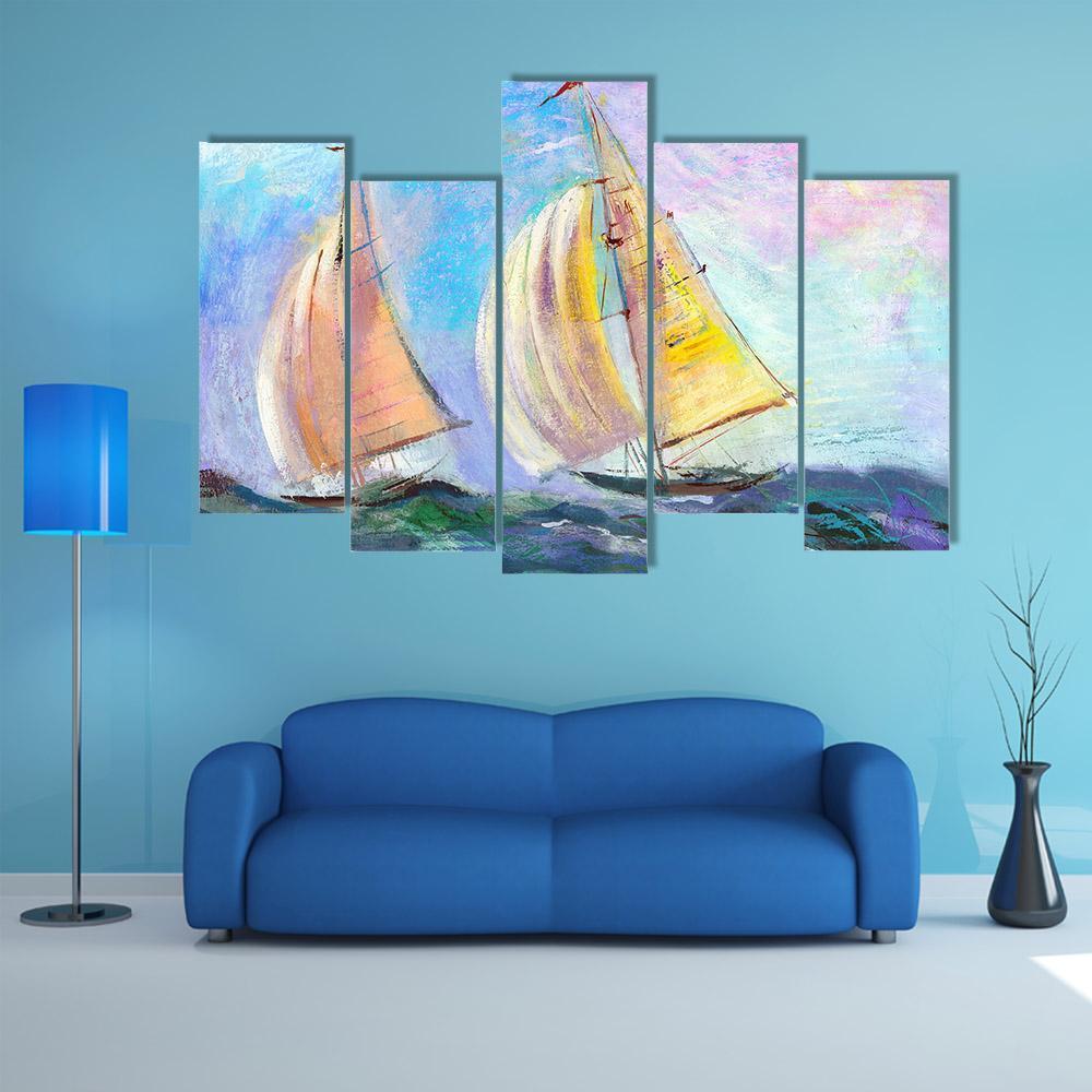 Sailing boats In The Sea Canvas Wall Art-5 Pop-Gallery Wrap-47" x 32"-Tiaracle