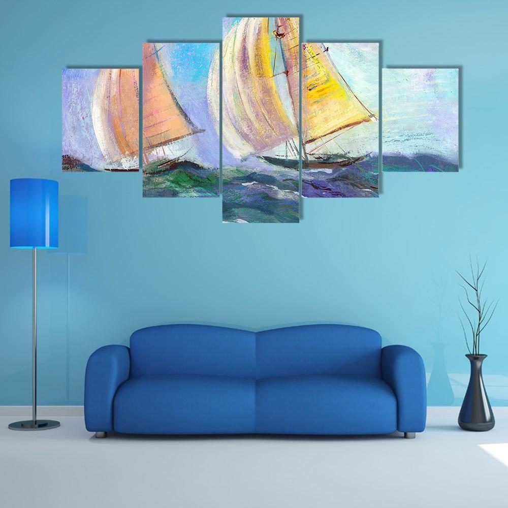 Sailing boats In The Sea Canvas Wall Art-5 Star-Gallery Wrap-62" x 32"-Tiaracle