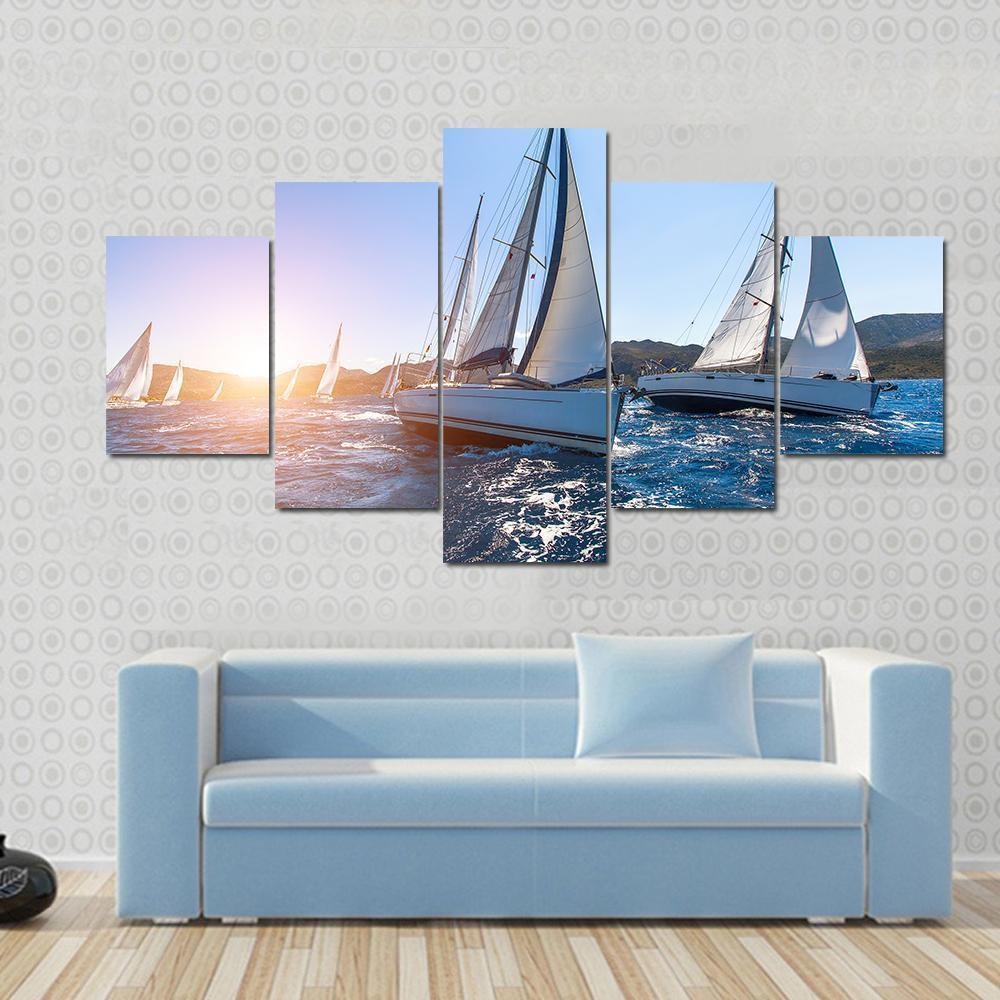 Sailing In The Wind Through The Waves At The Sea Canvas Wall Art-5 Star-Gallery Wrap-62" x 32"-Tiaracle