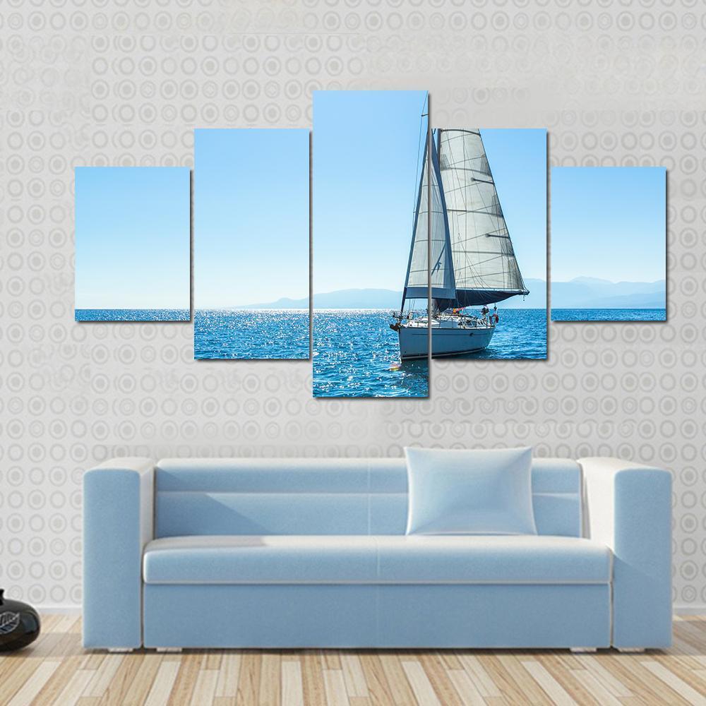 Sailing Ship Yachts With White Sails In The Open Sea Canvas Wall Art-5 Star-Gallery Wrap-62" x 32"-Tiaracle