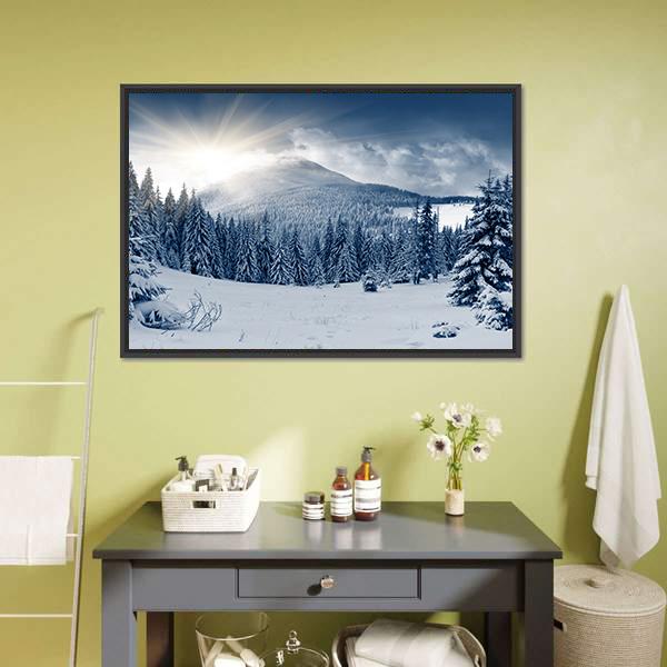 Scenic Winter Landscape With Snow Covered Trees Canvas Wall Art-1 Piece-Floating Frame-24" x 16"-Tiaracle