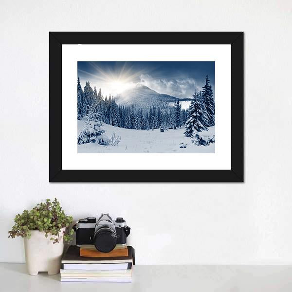 Scenic Winter Landscape With Snow Covered Trees Canvas Wall Art-1 Piece-Framed Print-20" x 16"-Tiaracle