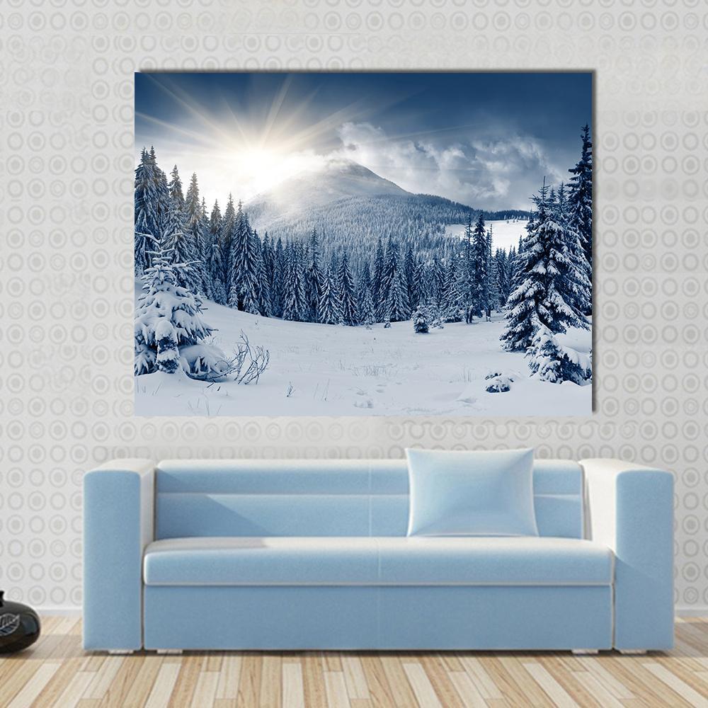 Scenic Winter Landscape With Snow Covered Trees Canvas Wall Art-1 Piece-Gallery Wrap-48" x 32"-Tiaracle