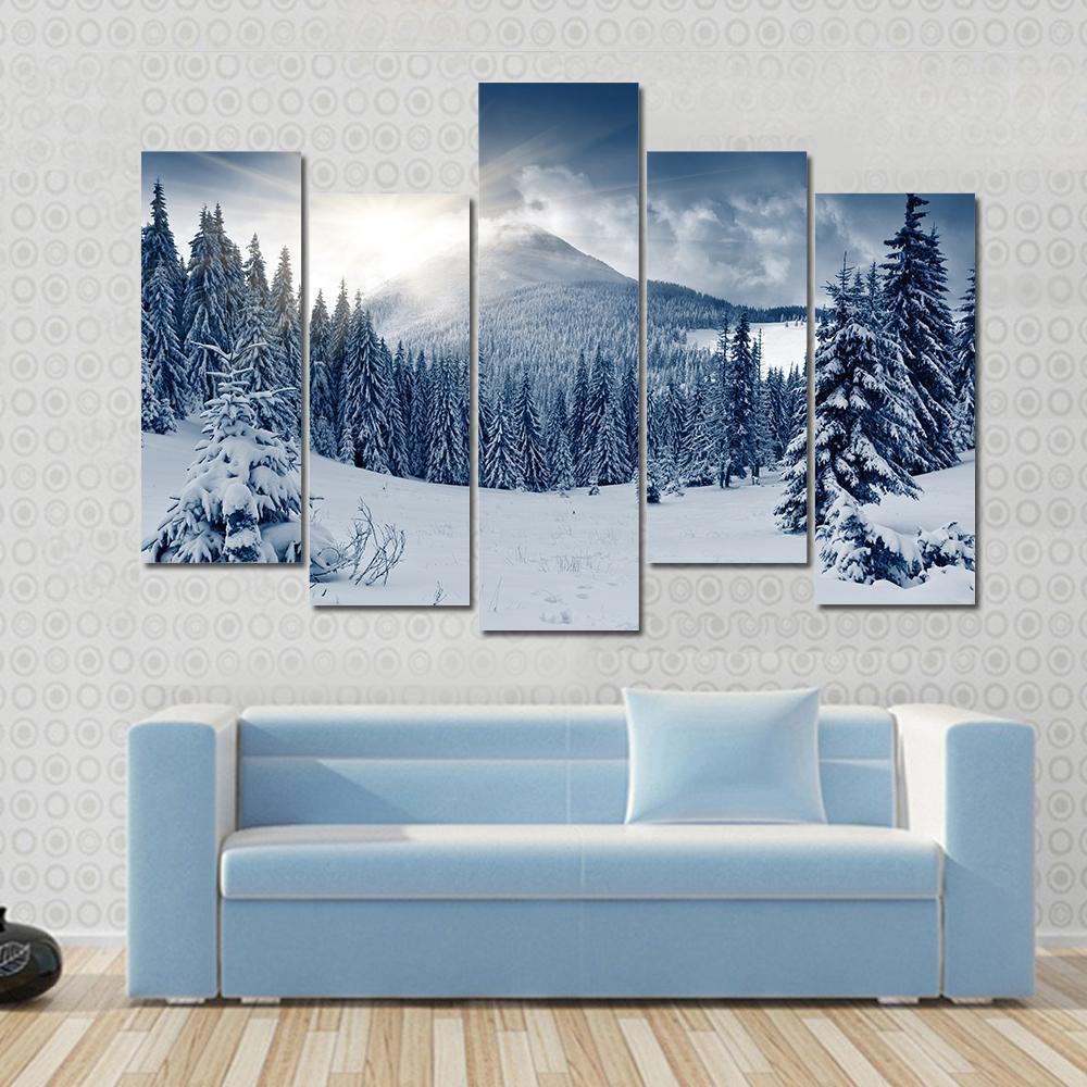 Scenic Winter Landscape With Snow Covered Trees Canvas Wall Art-5 Pop-Gallery Wrap-47" x 32"-Tiaracle