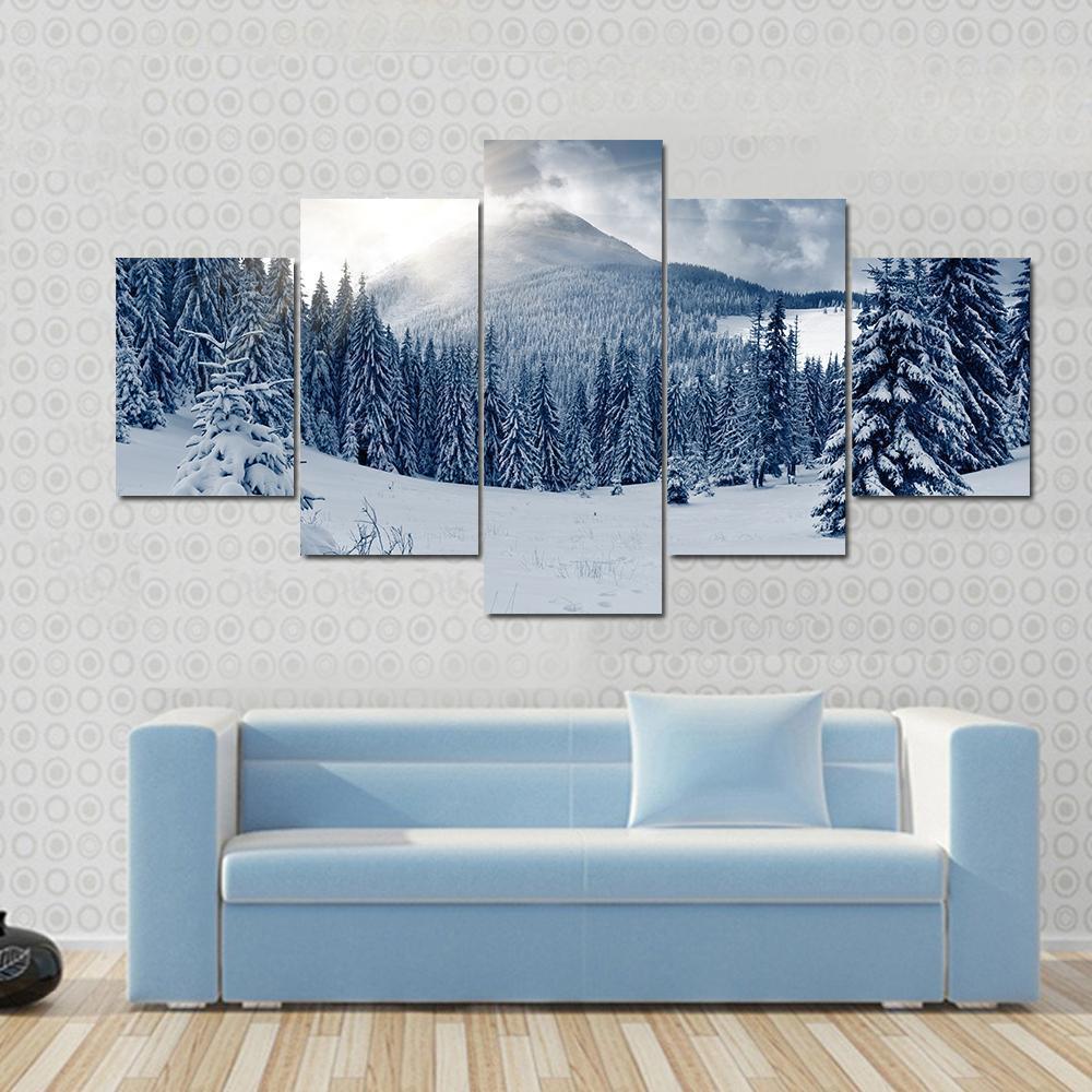 Scenic Winter Landscape With Snow Covered Trees Canvas Wall Art-5 Star-Gallery Wrap-62" x 32"-Tiaracle