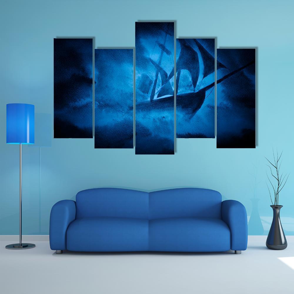 Sea Storm And The Ship Canvas Wall Art-5 Pop-Gallery Wrap-47" x 32"-Tiaracle