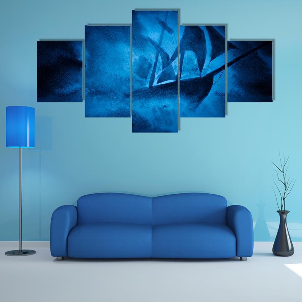 Sea Storm And The Ship Canvas Wall Art-5 Star-Gallery Wrap-62" x 32"-Tiaracle