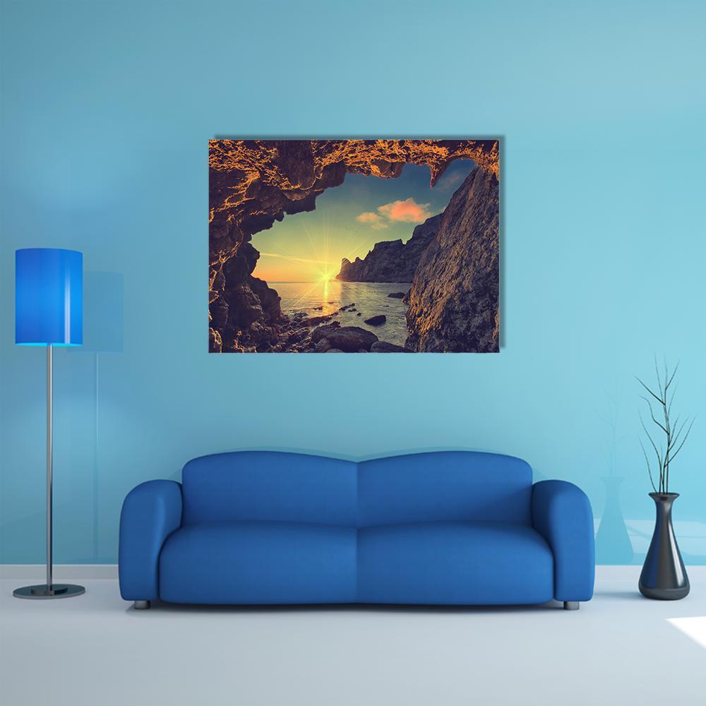 Sea Sunset From Mountain Cave Canvas Wall Art-1 Piece-Gallery Wrap-48" x 32"-Tiaracle