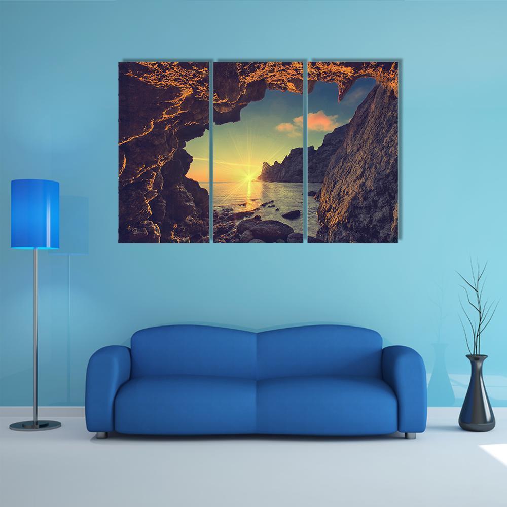 Sea Sunset From Mountain Cave Canvas Wall Art-3 Horizontal-Gallery Wrap-37" x 24"-Tiaracle