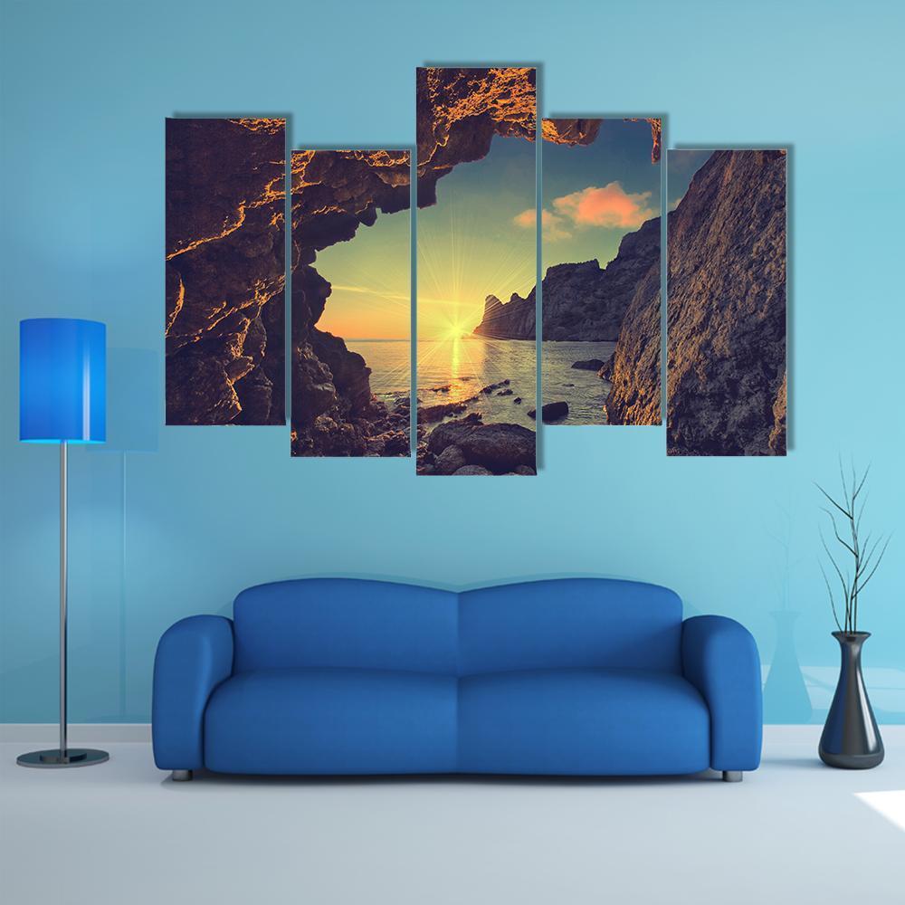 Sea Sunset From Mountain Cave Canvas Wall Art-5 Pop-Gallery Wrap-47" x 32"-Tiaracle