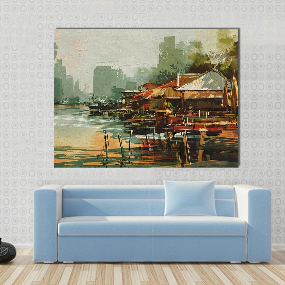 Seascape Painting Showing Old Fishing Village Watercolor Style Canvas Wall Art-1 Piece-Gallery Wrap-48" x 32"-Tiaracle