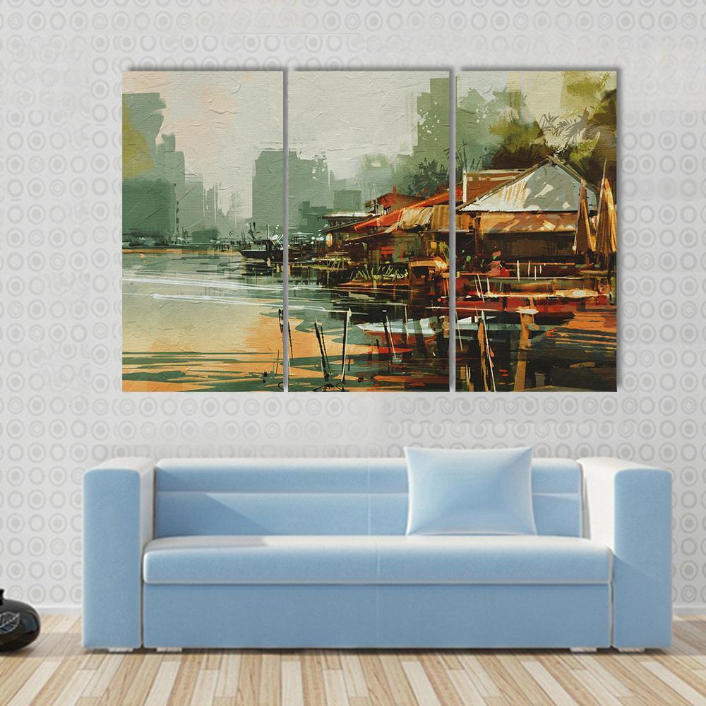 Seascape Painting Showing Old Fishing Village Watercolor Style Canvas Wall Art-3 Horizontal-Gallery Wrap-37" x 24"-Tiaracle