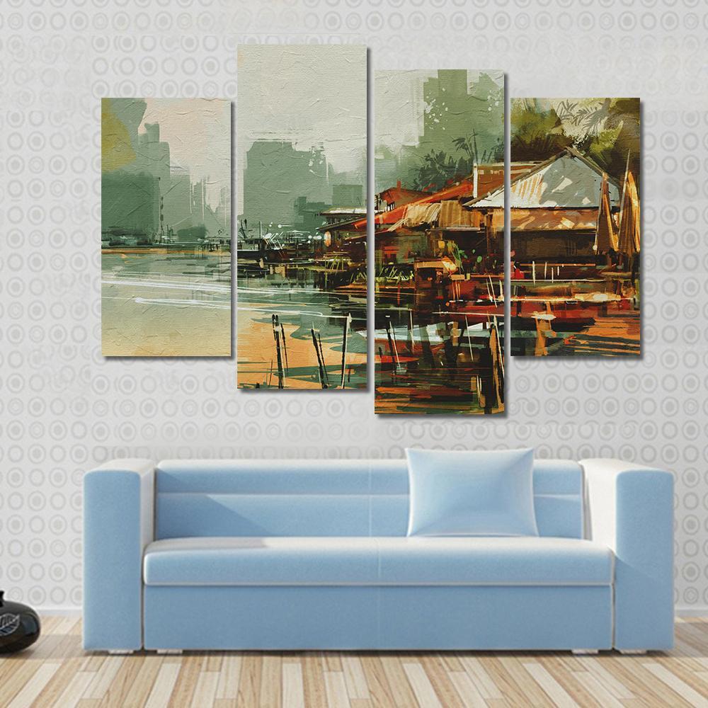 Seascape Painting Showing Old Fishing Village Watercolor Style Canvas Wall Art-4 Pop-Gallery Wrap-50" x 32"-Tiaracle