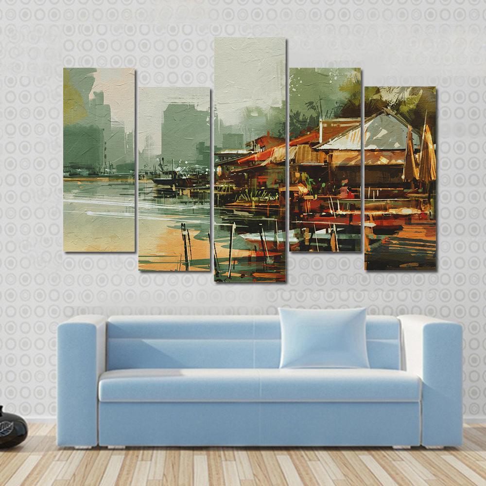 Seascape Painting Showing Old Fishing Village Watercolor Style Canvas Wall Art-5 Pop-Gallery Wrap-47" x 32"-Tiaracle