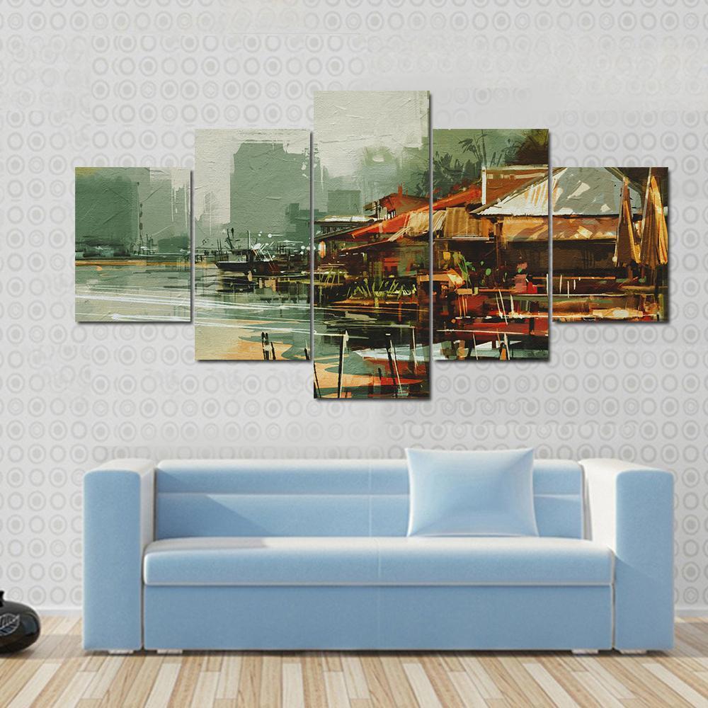 Seascape Painting Showing Old Fishing Village Watercolor Style Canvas Wall Art-5 Star-Gallery Wrap-62" x 32"-Tiaracle