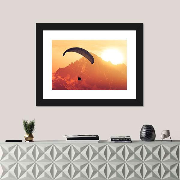 Sepia Paraglide Silhouette Over Alps Peaks Canvas Wall Art-1 Piece-Framed Print-20" x 16"-Tiaracle