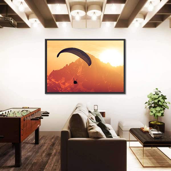 Sepia Paraglide Silhouette Over Alps Peaks Canvas Wall Art-3 Horizontal-Gallery Wrap-25" x 16"-Tiaracle