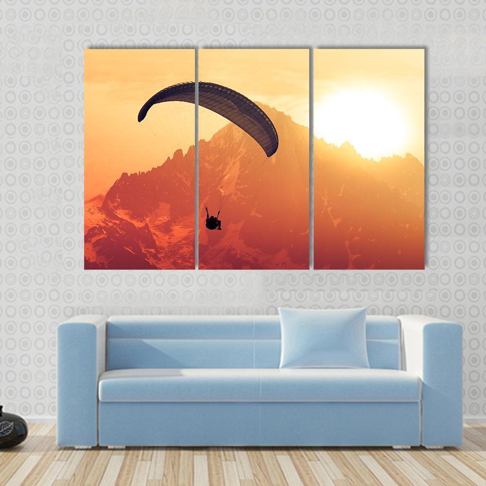 Sepia Paraglide Silhouette Over Alps Peaks Canvas Wall Art-3 Horizontal-Gallery Wrap-37" x 24"-Tiaracle