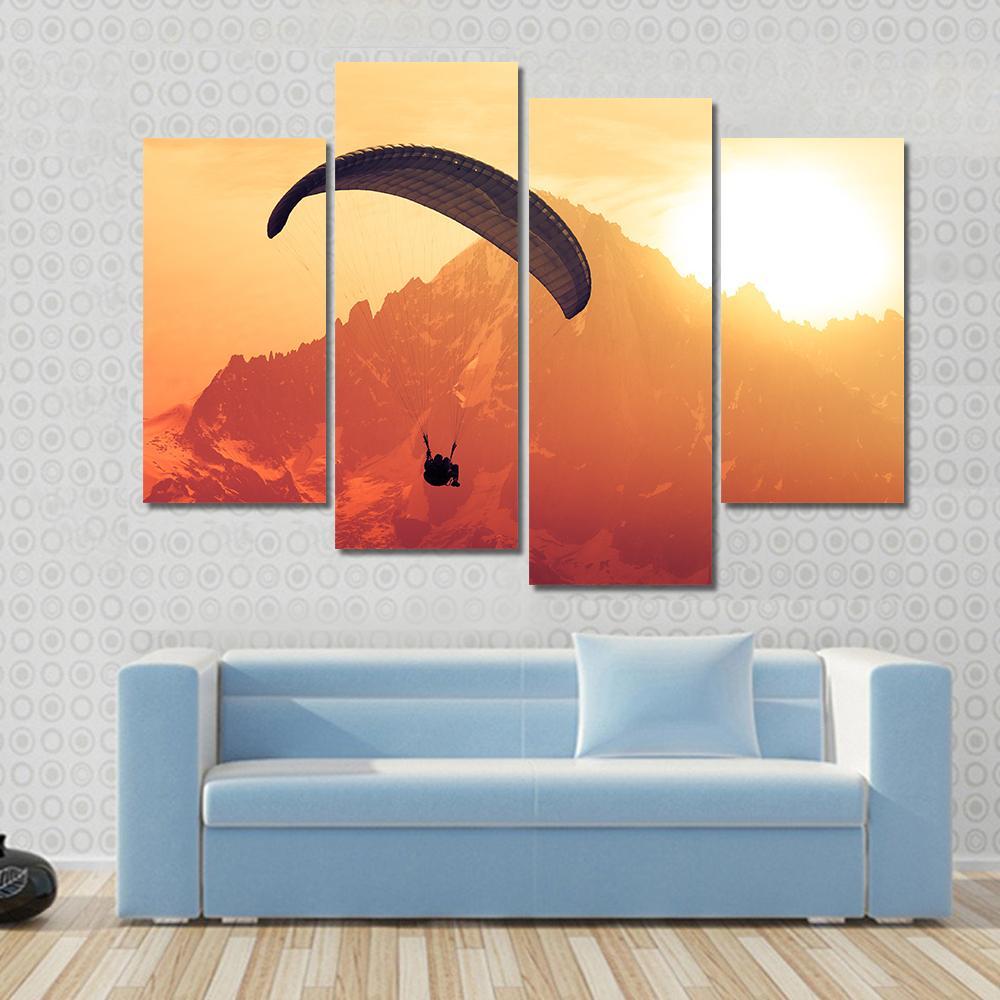 Sepia Paraglide Silhouette Over Alps Peaks Canvas Wall Art-4 Pop-Gallery Wrap-50" x 32"-Tiaracle