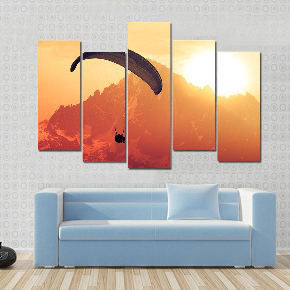 Sepia Paraglide Silhouette Over Alps Peaks Canvas Wall Art-5 Pop-Gallery Wrap-47" x 32"-Tiaracle