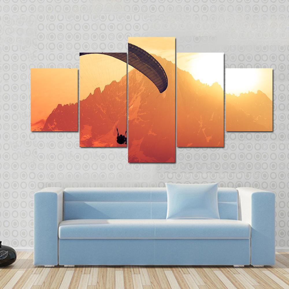 Sepia Paraglide Silhouette Over Alps Peaks Canvas Wall Art-5 Star-Gallery Wrap-62" x 32"-Tiaracle