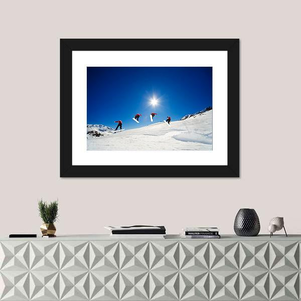 Sequence Shot Of Snowboarder Going Over Jump Canvas Wall Art-1 Piece-Framed Print-20" x 16"-Tiaracle