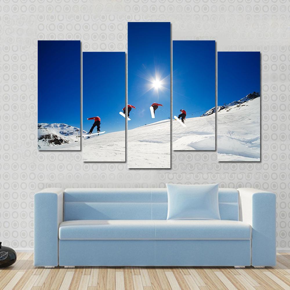 Sequence Shot Of Snowboarder Going Over Jump Canvas Wall Art-5 Pop-Gallery Wrap-47" x 32"-Tiaracle