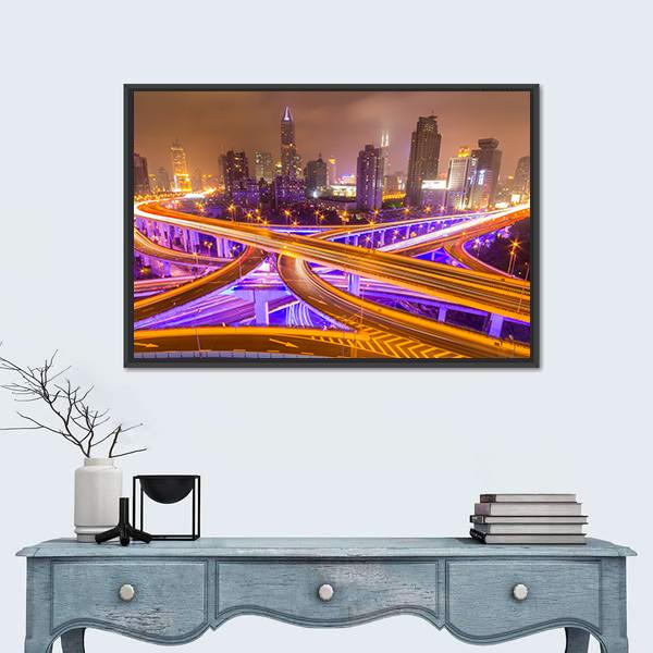 Shanghai Elevated Road Junction And Interchange Overpass At Night Canvas Wall Art-1 Piece-Floating Frame-24" x 16"-Tiaracle