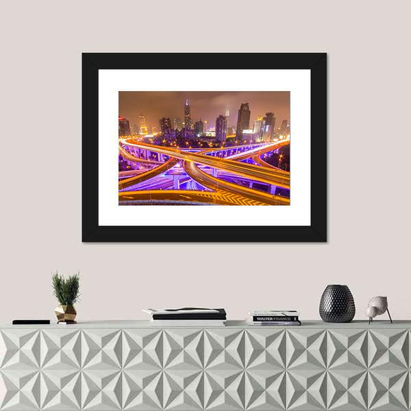 Shanghai Elevated Road Junction And Interchange Overpass At Night Canvas Wall Art-1 Piece-Framed Print-20" x 16"-Tiaracle