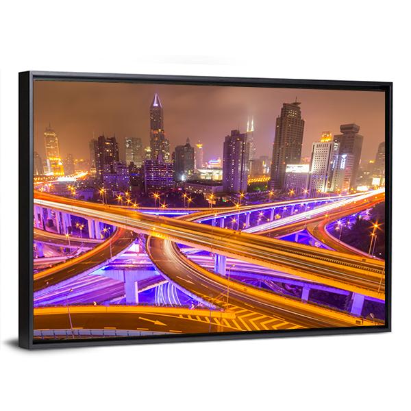 Shanghai Elevated Road Junction And Interchange Overpass At Night Canvas Wall Art-3 Horizontal-Gallery Wrap-25" x 16"-Tiaracle