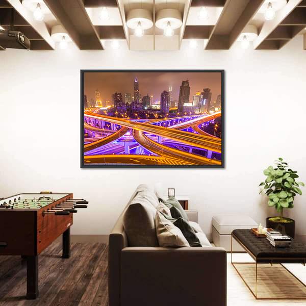 Shanghai Elevated Road Junction And Interchange Overpass At Night Canvas Wall Art-3 Horizontal-Gallery Wrap-25" x 16"-Tiaracle