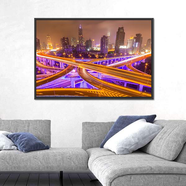 Shanghai Elevated Road Junction And Interchange Overpass At Night Canvas Wall Art-3 Horizontal-Gallery Wrap-25" x 16"-Tiaracle