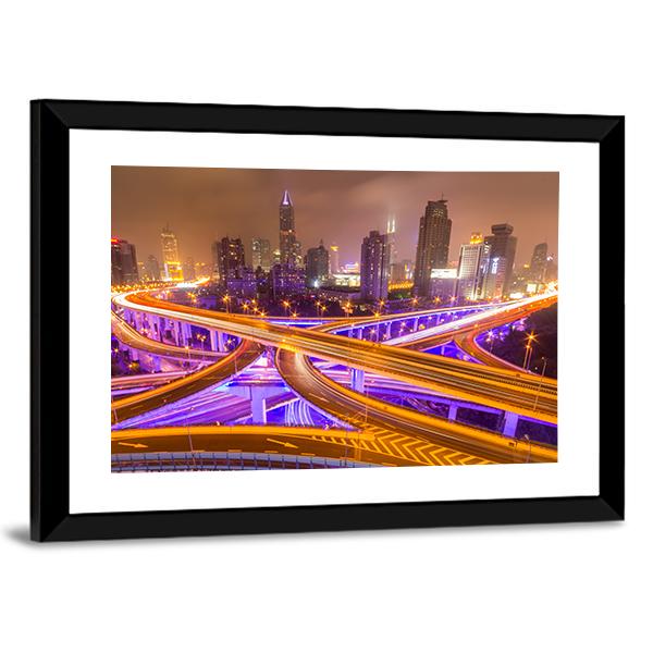 Shanghai Elevated Road Junction And Interchange Overpass At Night Canvas Wall Art-3 Horizontal-Gallery Wrap-25" x 16"-Tiaracle