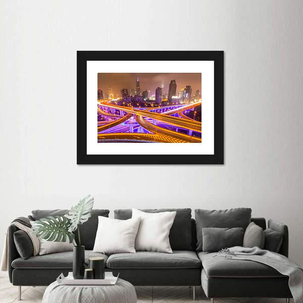 Shanghai Elevated Road Junction And Interchange Overpass At Night Canvas Wall Art-3 Horizontal-Gallery Wrap-25" x 16"-Tiaracle