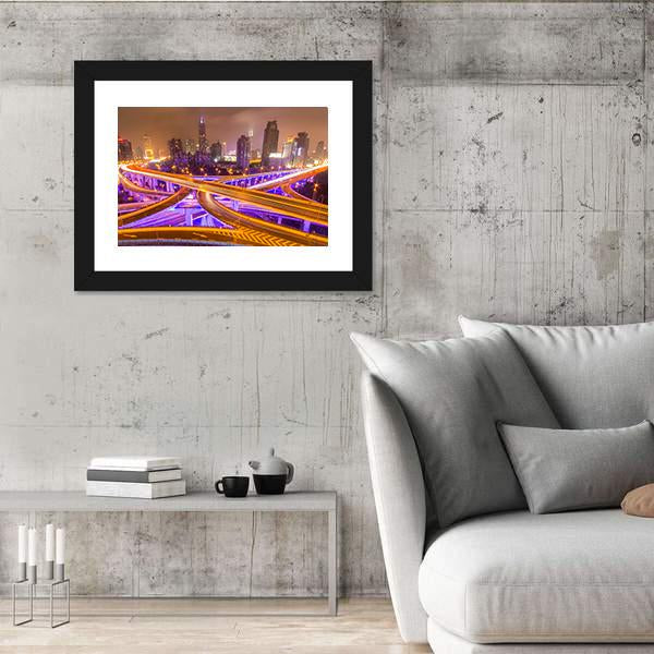 Shanghai Elevated Road Junction And Interchange Overpass At Night Canvas Wall Art-3 Horizontal-Gallery Wrap-25" x 16"-Tiaracle