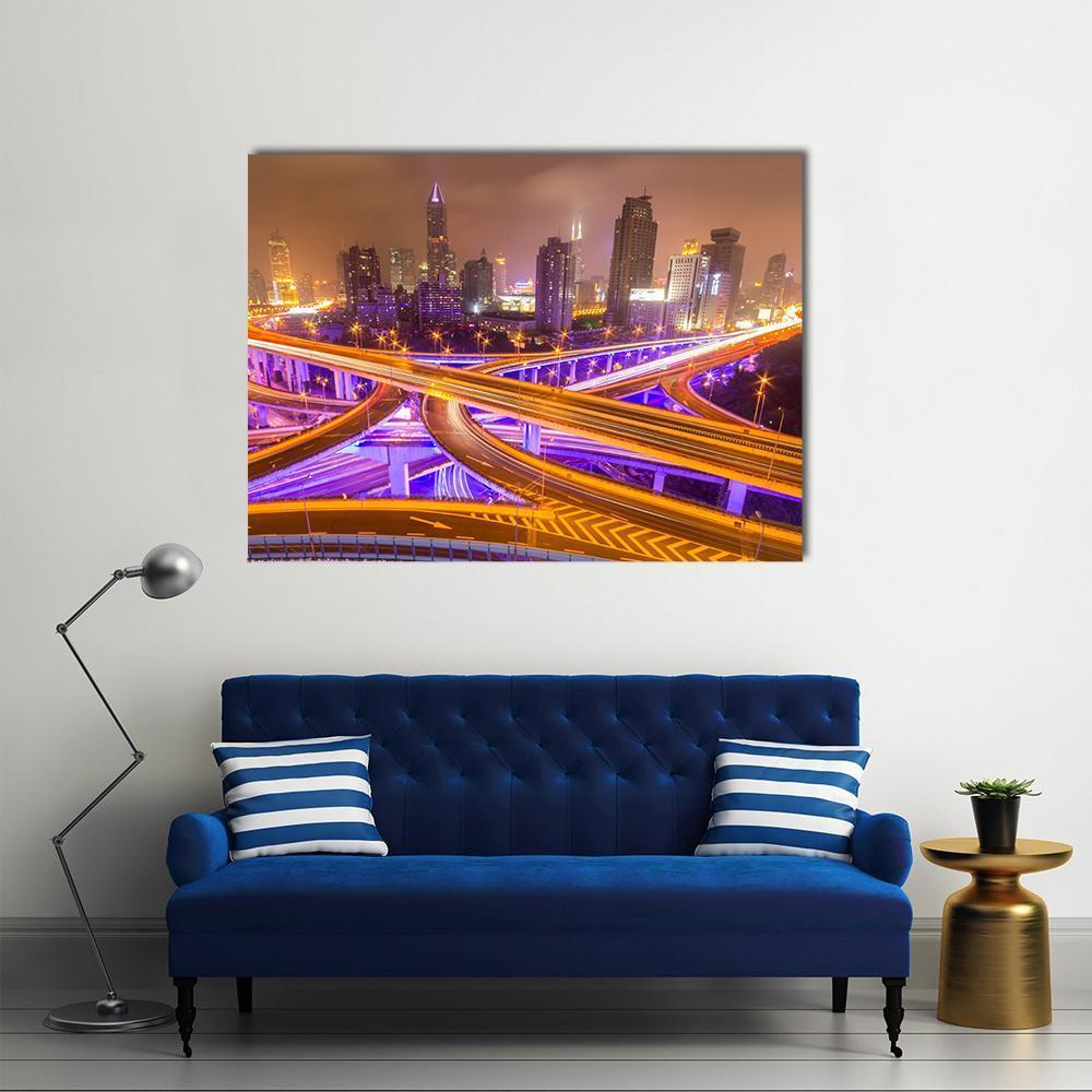 Shanghai Elevated Road Junction And Interchange Overpass At Night Canvas Wall Art-1 Piece-Gallery Wrap-48" x 32"-Tiaracle