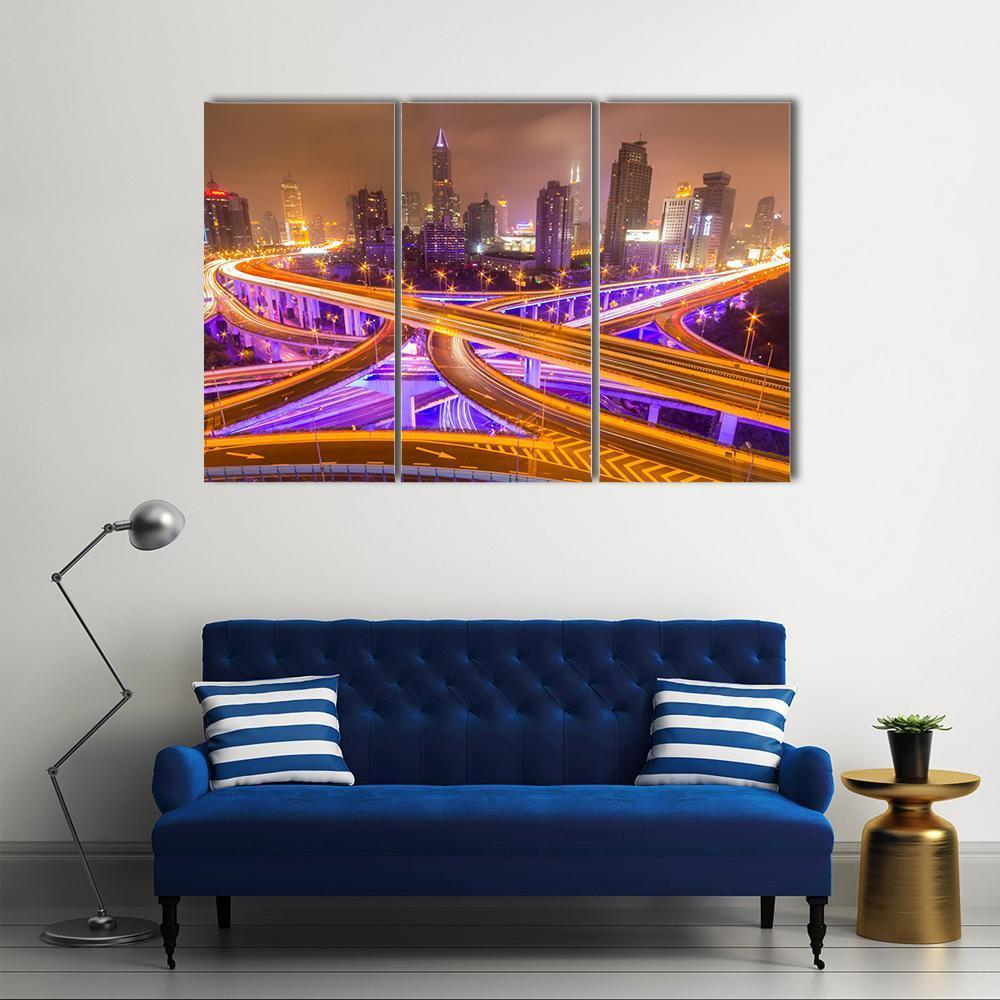 Shanghai Elevated Road Junction And Interchange Overpass At Night Canvas Wall Art-3 Horizontal-Gallery Wrap-37" x 24"-Tiaracle